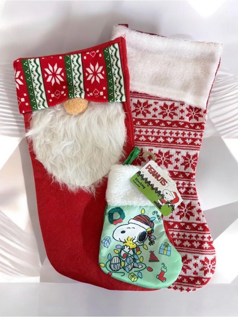 Christmas Santa, Fair Isle Holiday Stockings  and Peanuts - Red, White, Green